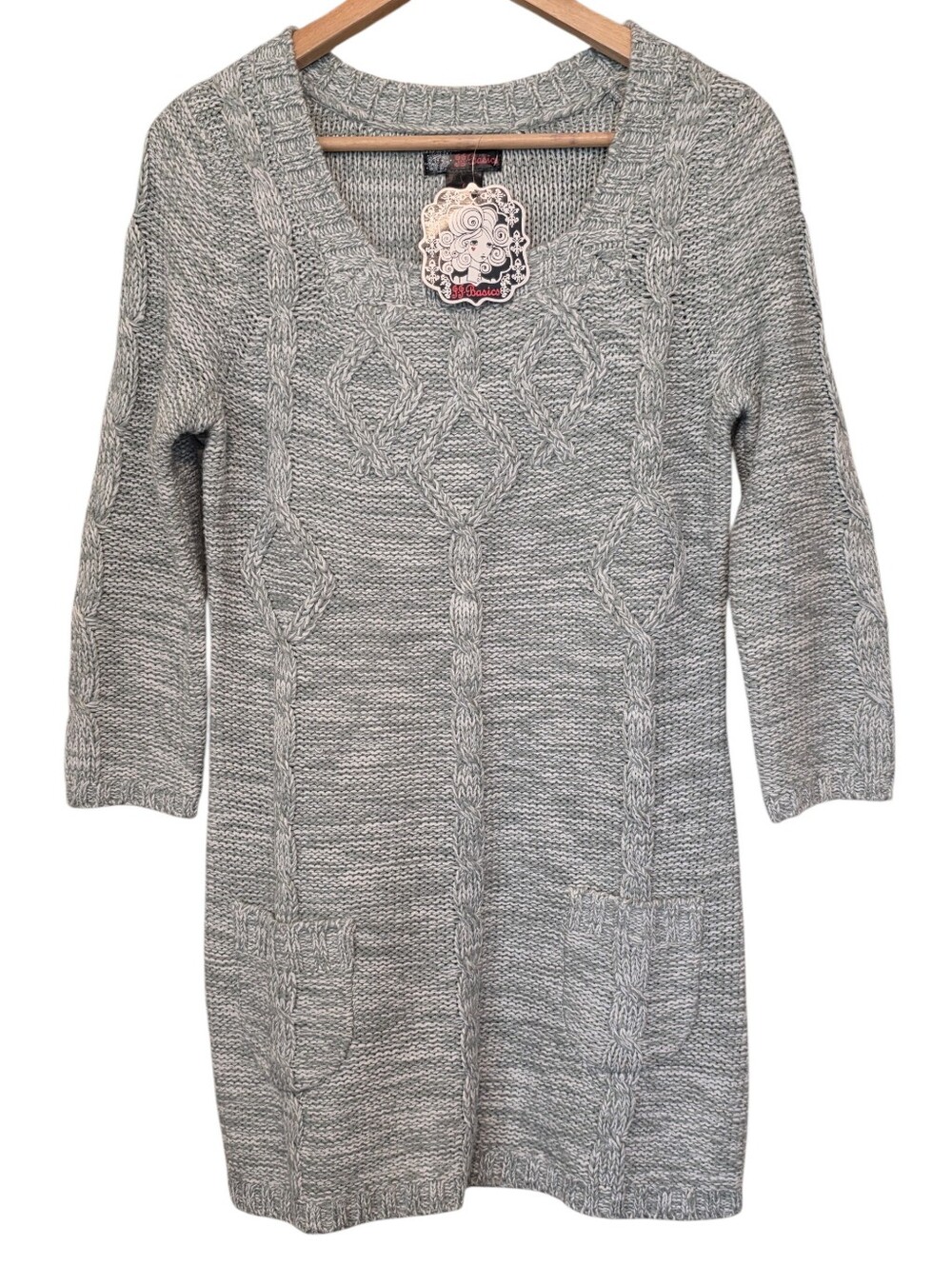 J.J. Basics NWT Y2k Gray Preppy Cableknit Front Pocket Mini Sweater Dress Sz L